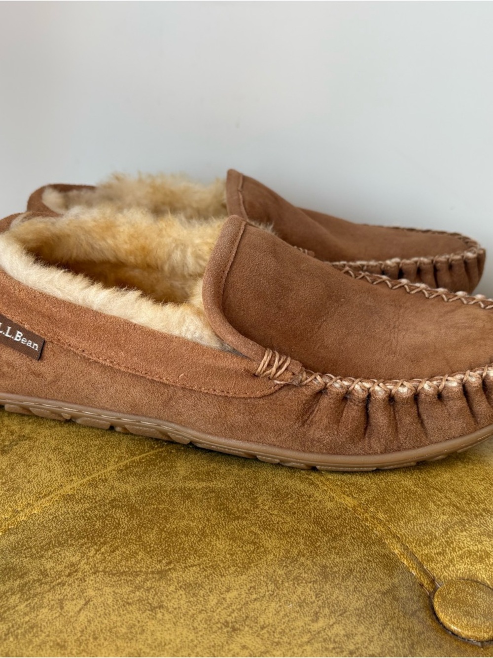 L.L. Bean Men’s Wicked Good Moccasins – Brown Suede Shearling Slipper – Size 7M - Picture 3 of 11